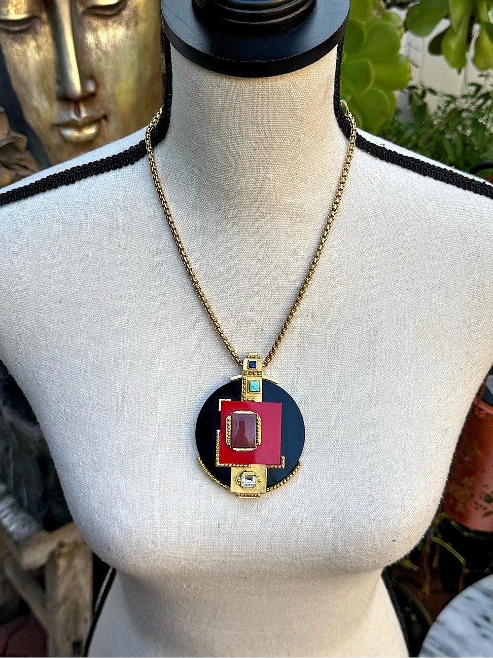 LEE ANGEL Gold, Black & Red Statement Pendant Necklace